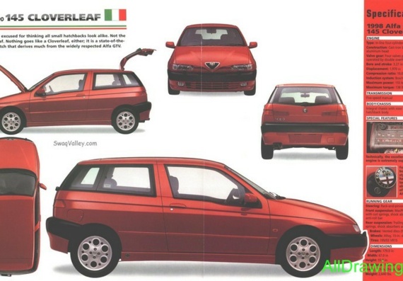 Alfa Romeo 145 Cloverleaf (1998) (Альфа Ромео 145 Кловерлиф (1998)) - чертежи (рисунки) автомобиля